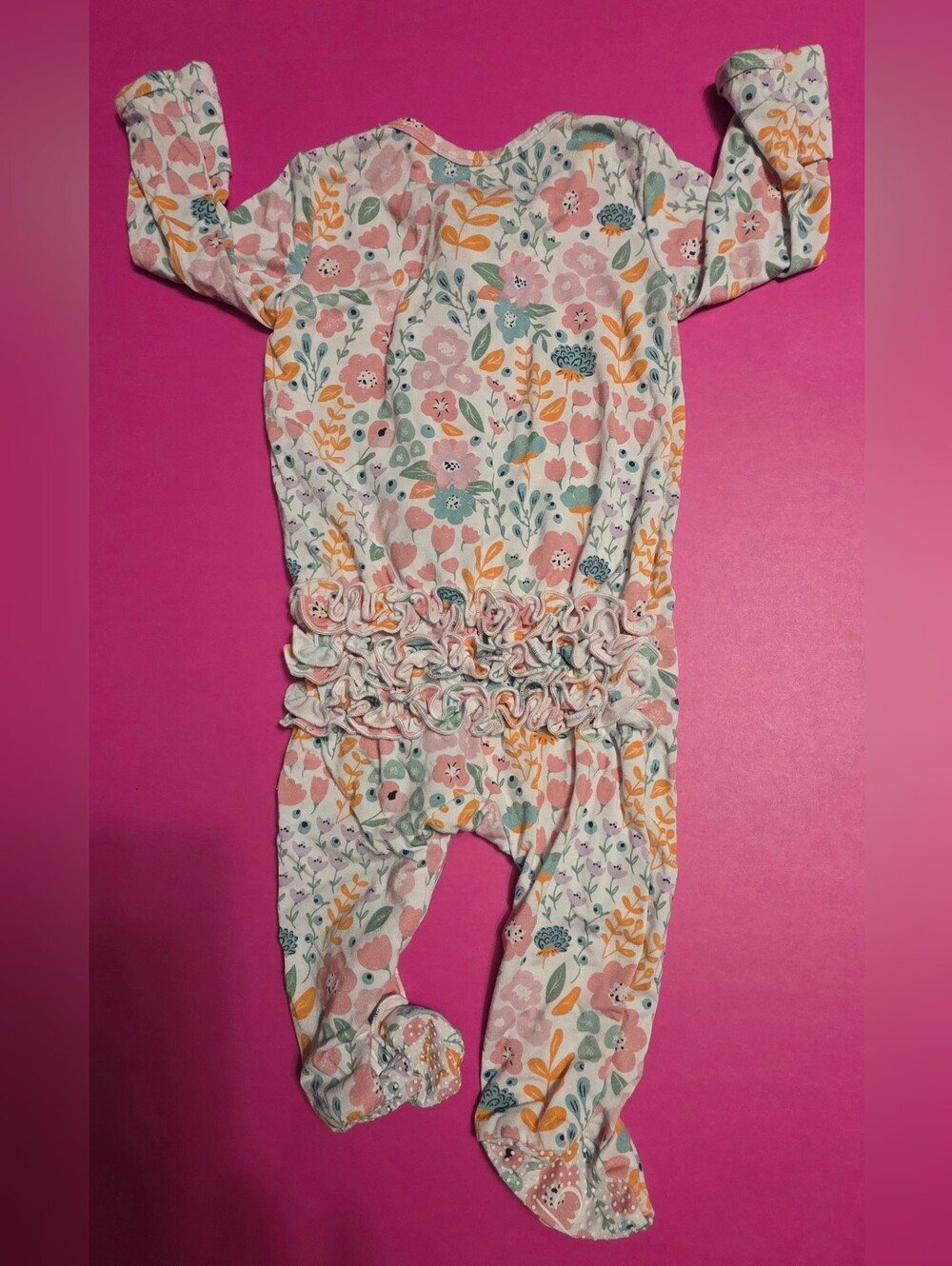 Caden Lane Pink Floral Ruffle Zip-Front Footie Pajamas - Picture 5 of 7